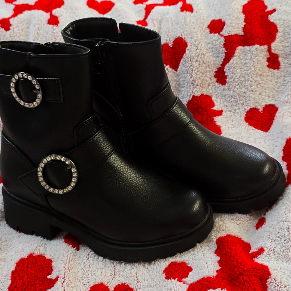 Art Class Girls Black Ankle Boots with Rhinstone Buckle Detail Size 13